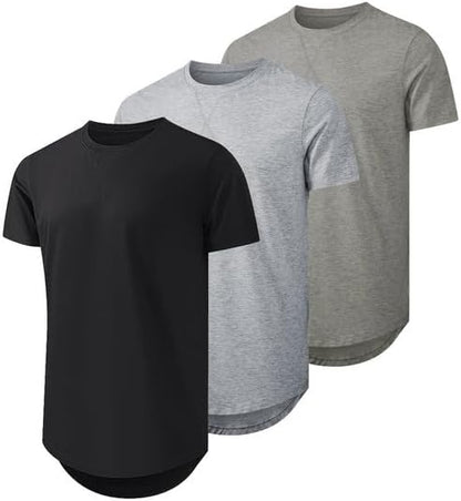 JMIERR Men's 3 Pack Cotton Hipster Hip Hop Longline Crewneck T-Shirt