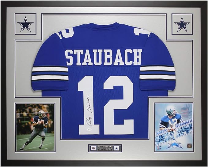 Roger Staubach Autographed Blue Dallas Jersey - Beautifully Matted and Framed - Hand Signed By Staubach and Certified Authentic by Beckett - Includes Certificate of Authenticity