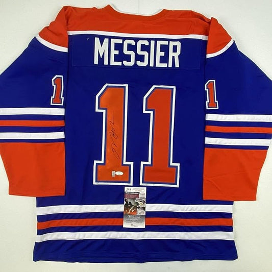 Autographed/Signed Mark Messier Edmonton Blue Hockey Jersey JSA COA