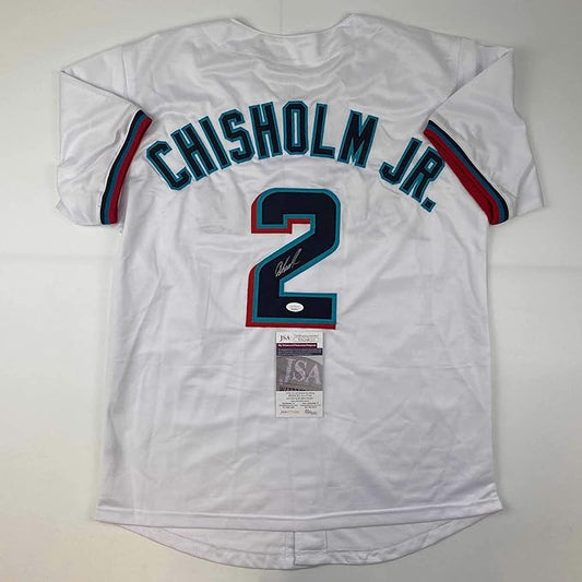 Autographed/Signed Jazz Chisholm Jr. Miami White Baseball Jersey JSA COA