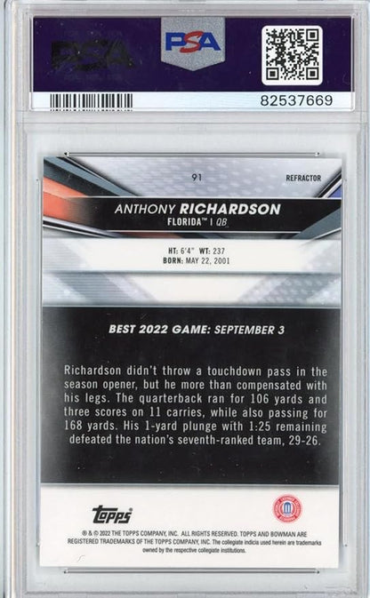 Graded 2022 Bowman Best University Anthony Richardson #91 Refractor Rookie RC Football Card PSA 10 Gem Mint