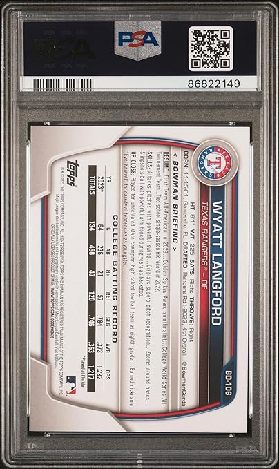 Graded 2023 Topps Bowman Draft Wyatt Langford #BD106 Rookie RC Baseball Card PSA 10 Gem Mint