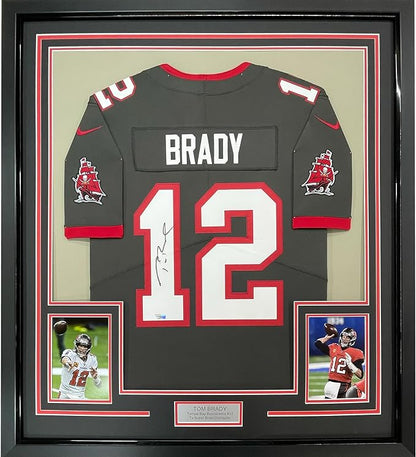 Framed Autographed/Signed Tom Brady 35x39 Tampa Bay Buccaneers Pewter Grey Authentic Nike Limited Football Jersey Fanatics COA/LOA