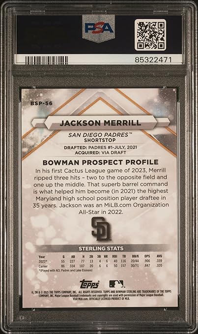 Graded 2023 Topps Bowman Sterling Jackson Merrill #BSP56 Rookie RC Baseball Card PSA 10 Gem Mint